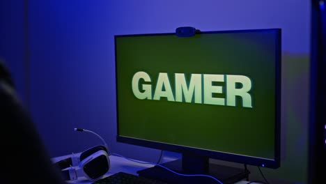 powerful gaming rig for gamer, large backlit monitor. camcorder, headphones with a microphone and a possible processor with a fan, a computer for the gamer. 4k, prores