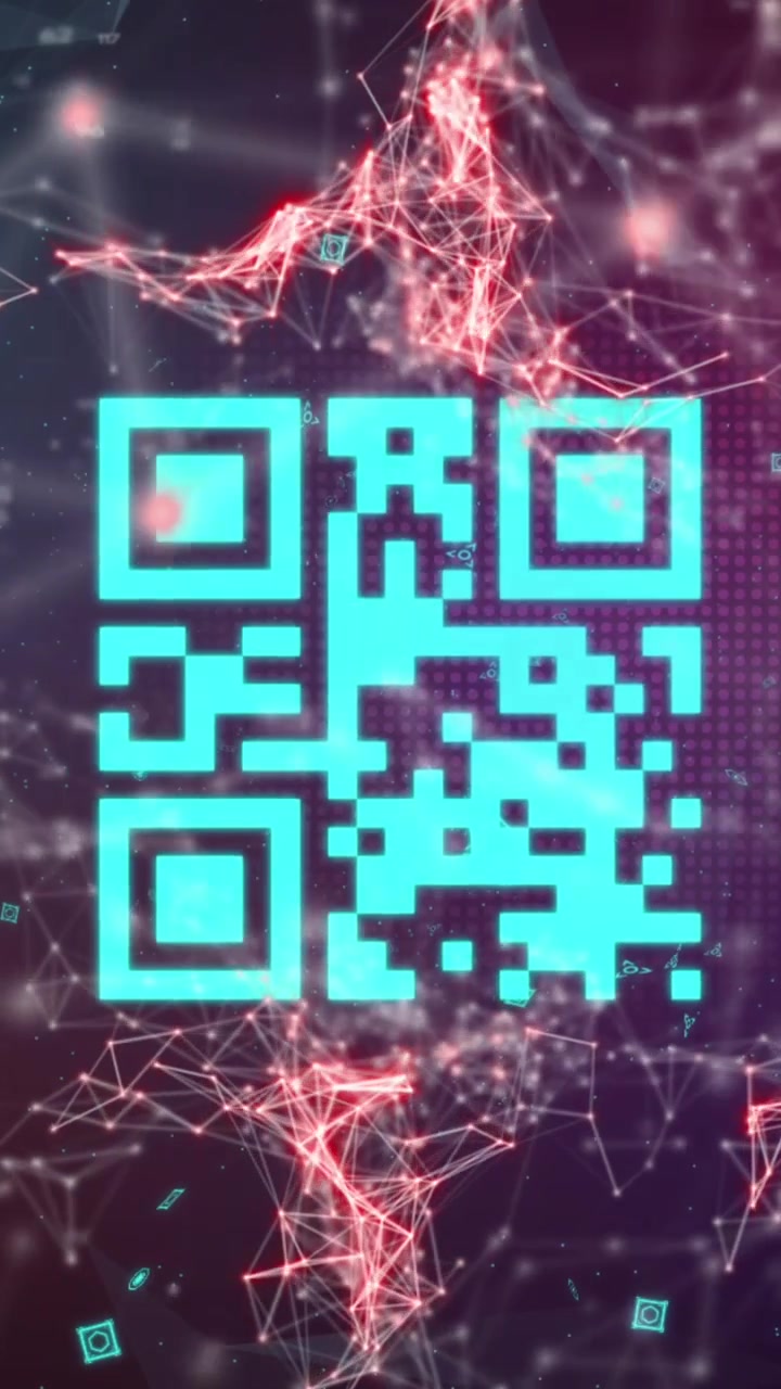 Animation of blue qr code over networks of connections on dark background