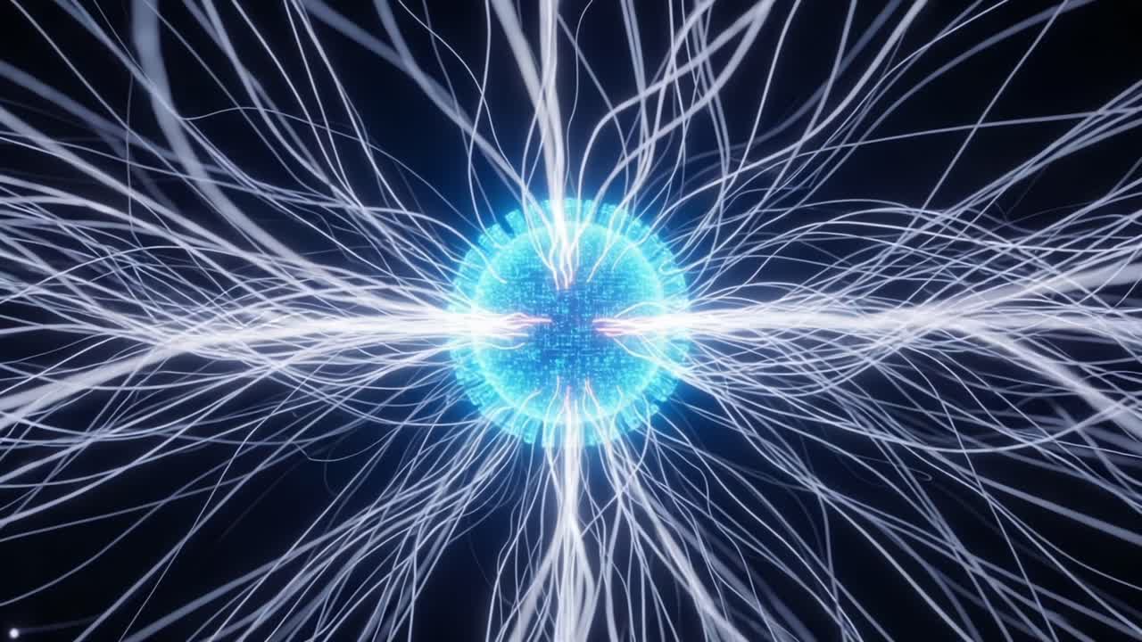 A Dynamic Visualization of Energy Flow and Electromagnetic Fields Surrounding a Vibrant Blue Orb Representing Atomic Reactions and Forces in Motion