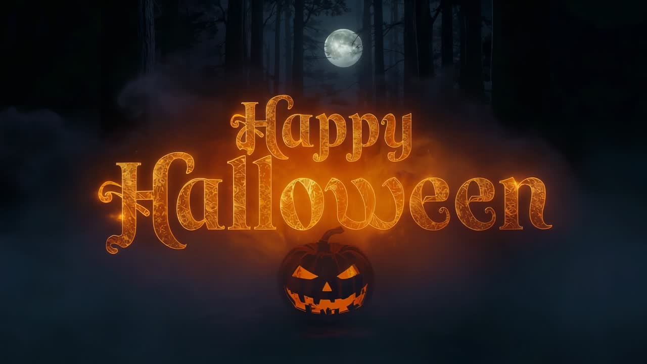 Fading Happy Halloween text and pumpkin pulsing while camera panning into forest under full moon