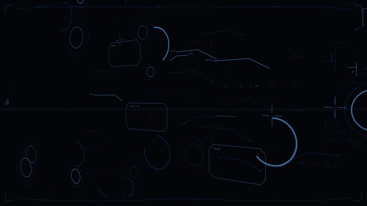 Stylized HUD showing neon arcs, progress meters, crosshair, panels, waveform on transparent layer
