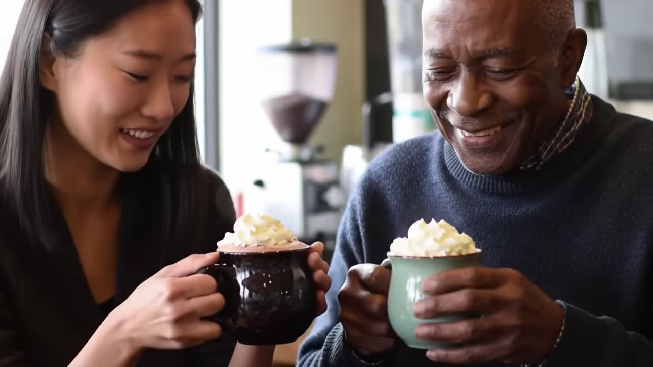 A Heartwarming Moment Shared Over Coffee: Two Friends Enjoy Whipped Cream Topped Beverages While Engaging in Meaningful Conversation