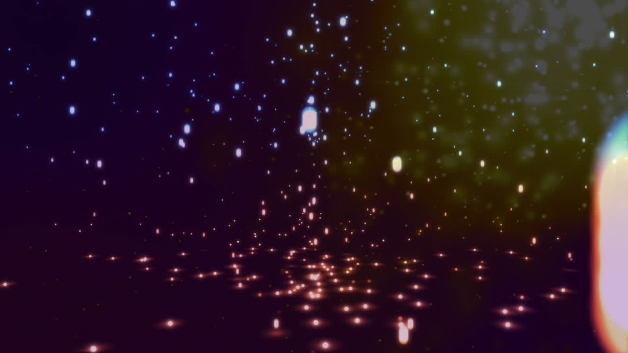 Frame revealing violet space, pulsing cluster, blue orbs falling, haze growing forming star field