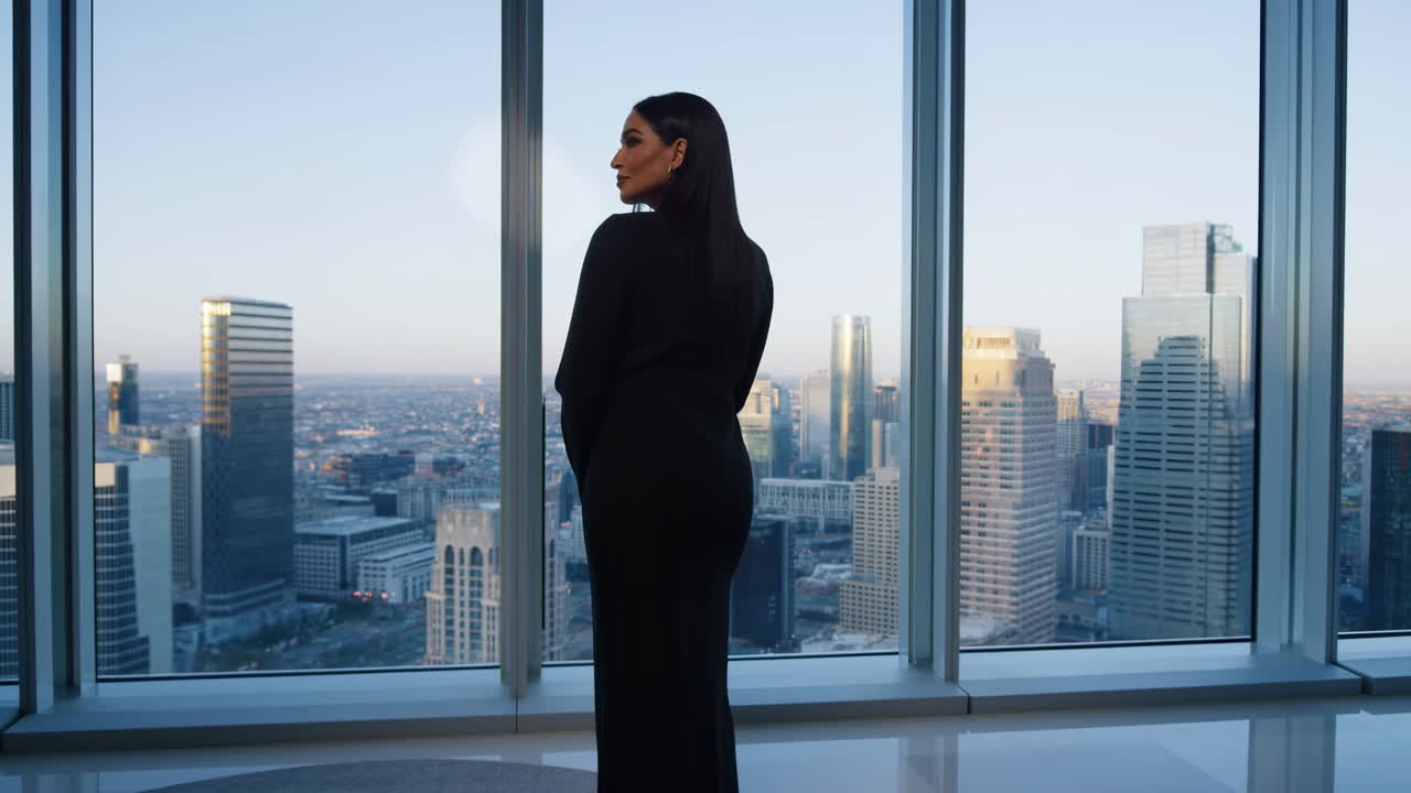 Elegant kvinde står ved vindue med udsigt over byens skyline
