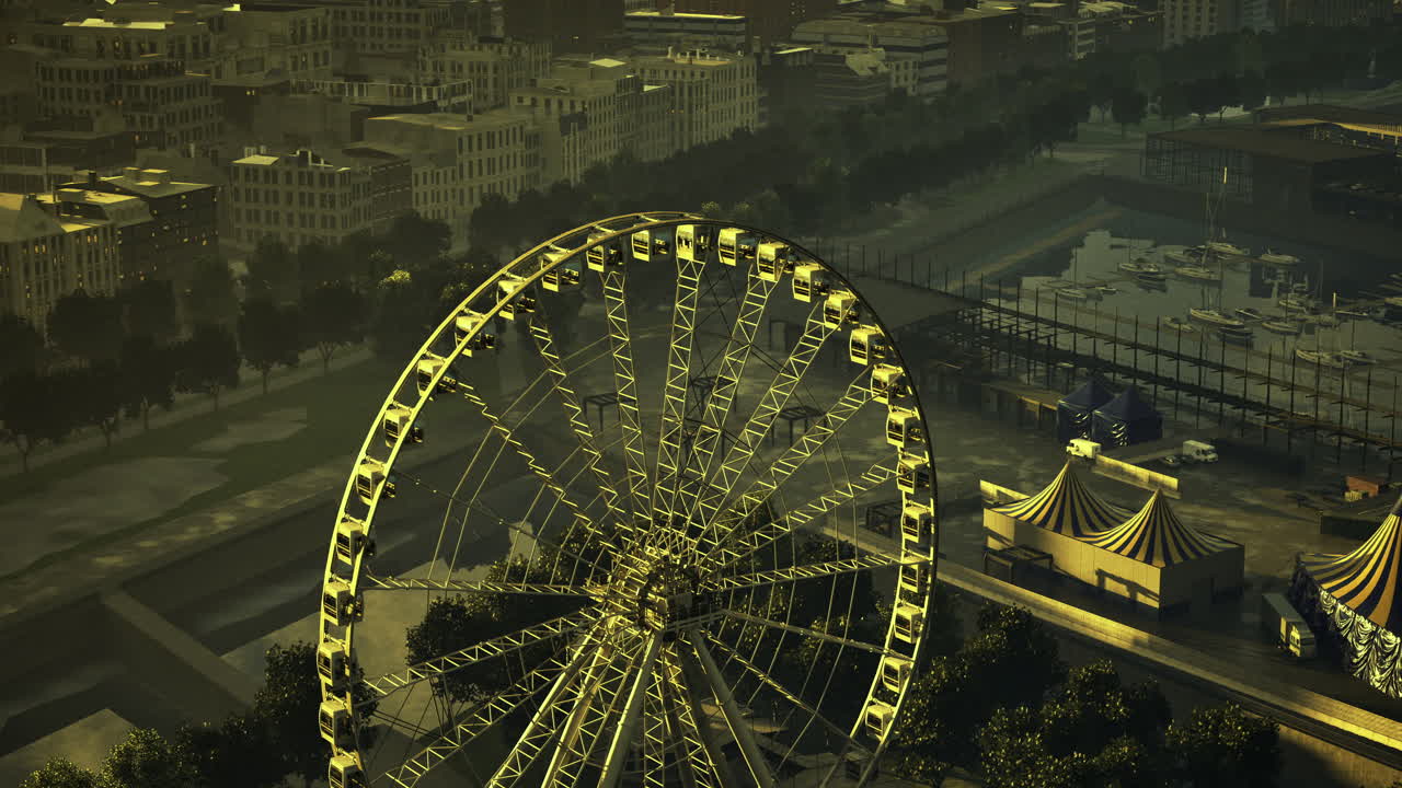 Ferris wheel illuminated at night near a lively amusement park