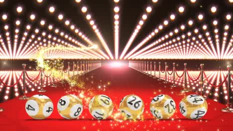 Animation-of-yellow-firework-over-golden-lottery-balls-at-red-carpet-venue