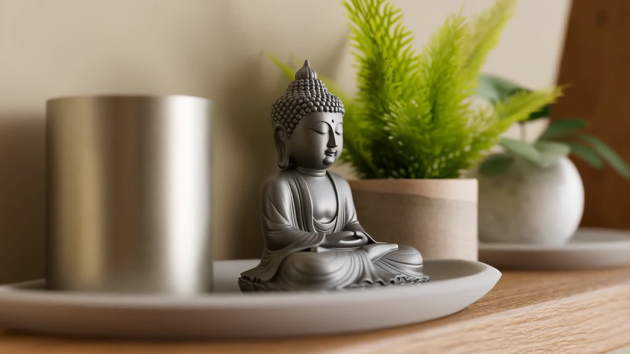 Buddha Statue with Plant and Candle on a Shelf