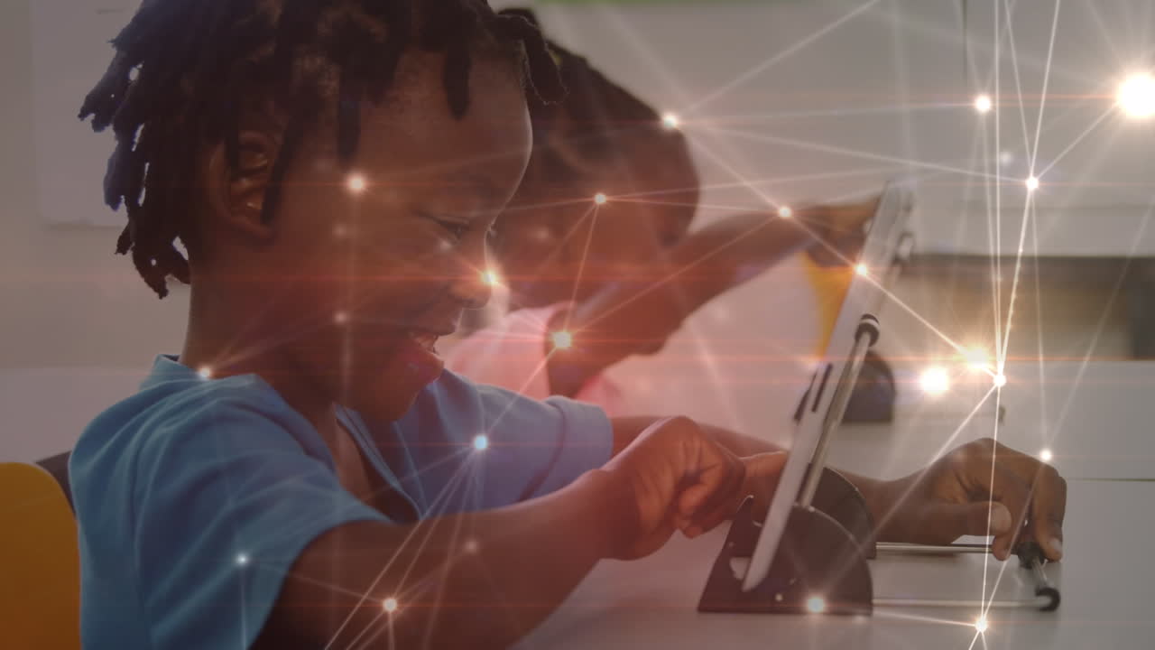 Animation of network of connections over african american group of pupils using technology