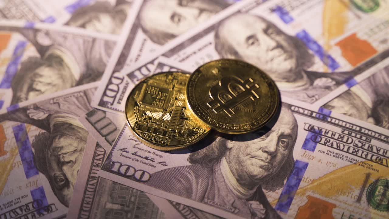 monedas de dólar y bitcoins de oro. finanzas y concepto de inversión.