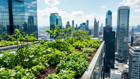 Rooftop garden featuring vibrant green plants in raised beds, providing a striking contrast against the urban skyline, with tall buildings and a clear blue sky creating a serene atmosphere