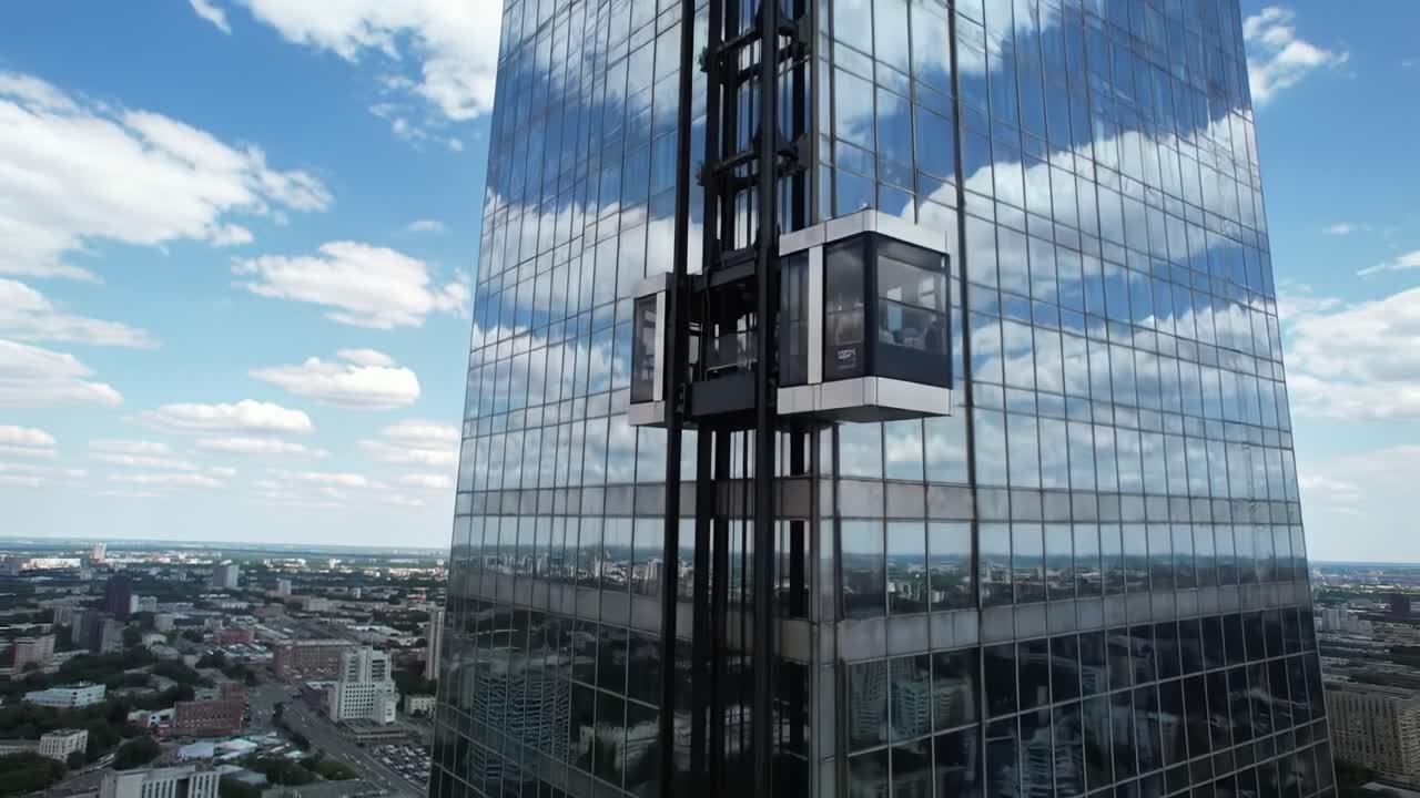 Dynamic Urban Views: A Stunning Two-Frame Journey of a Modern Glass Skyscraper with Elevators Gliding Across Reflective Facades Against a Bright Sky