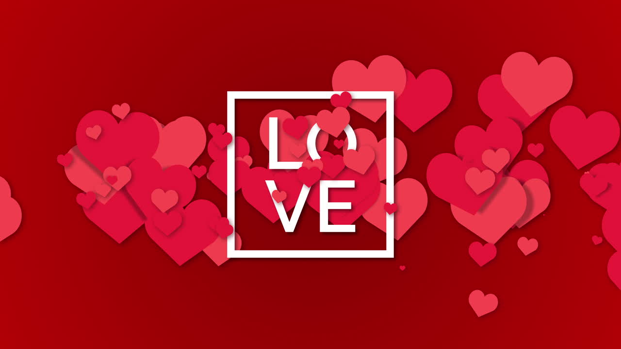 Text LOVE. Red background with animation of flying hearts. Happy valentines day and weeding design elements.