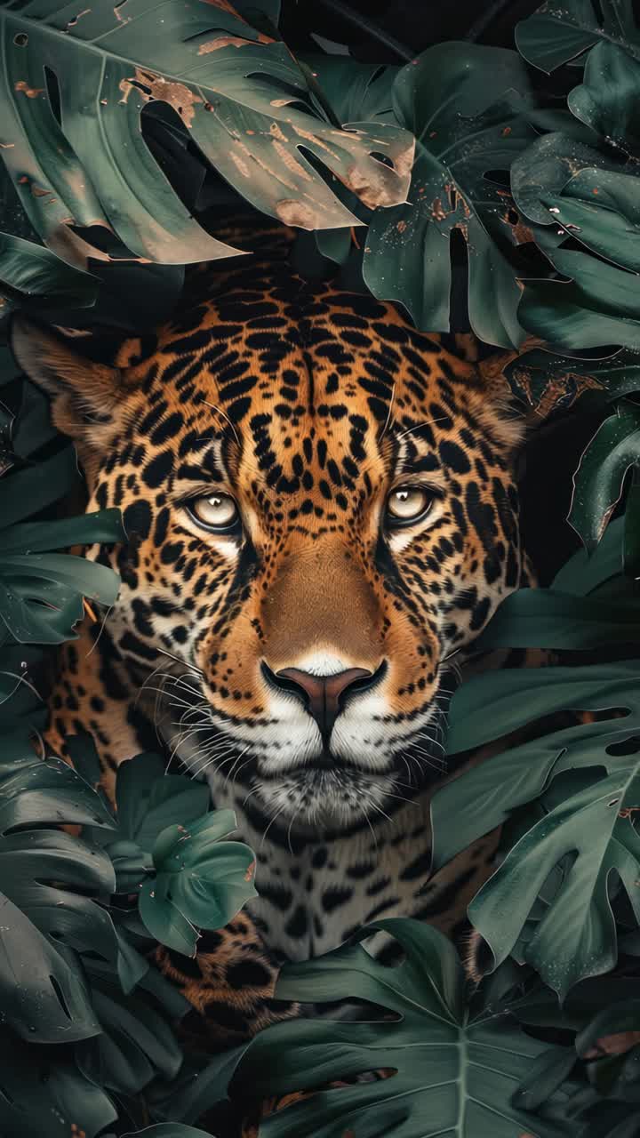 Close-up of a leopard nestled among lush green leaves, captured from a frontal angle