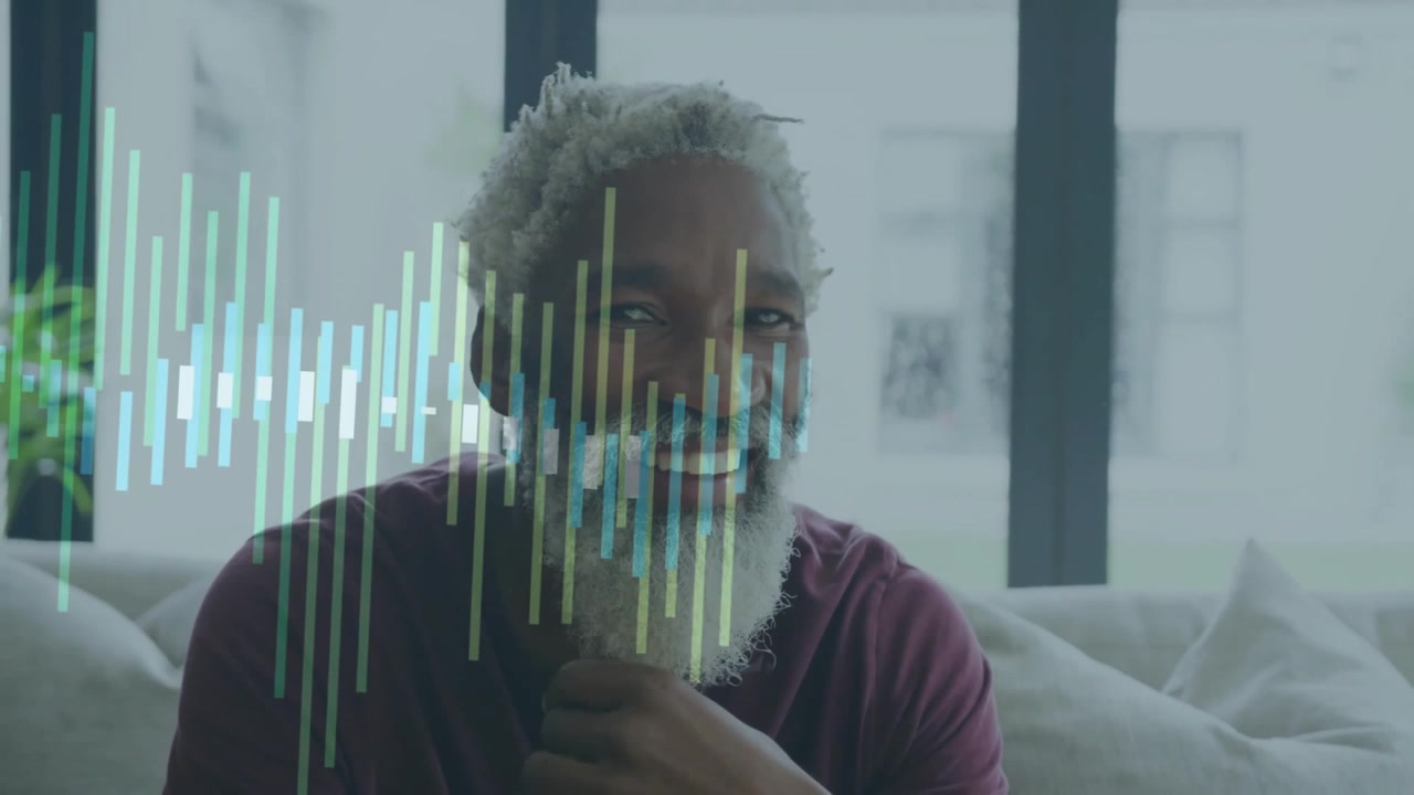 Mature man gazing window, starting audio input creating pulsing waveform across chest for tech demo