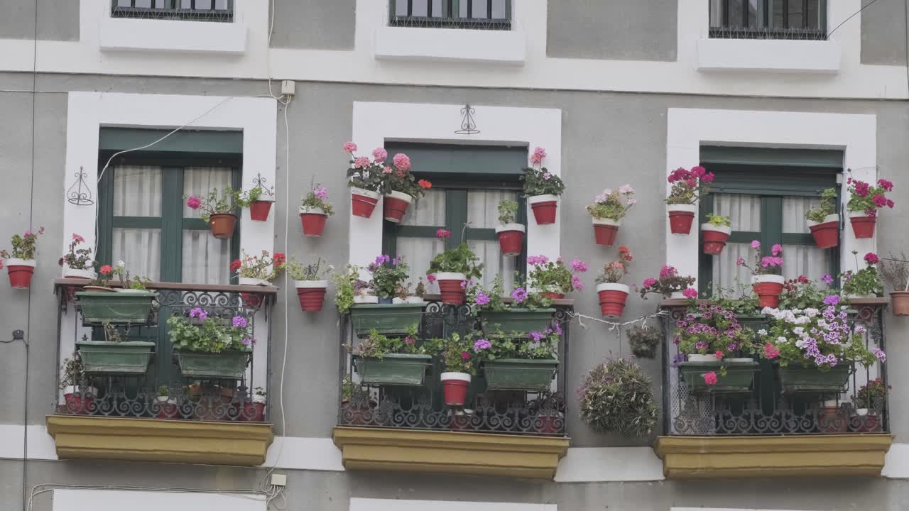 Hondarribia, Spain – Medium shot of traditional balconies decorated with colorful flower pots on a gray residential building, on an overcast spring day in the historic Basque town.