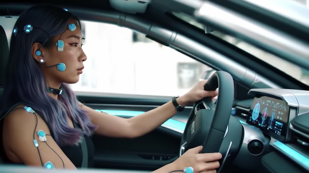 A Futuristic Glimpse at a Driver Interfacing with Advanced Technology Inside a High-Tech Vehicle, Capturing the Evolution of Automotive Experience and Connectivity