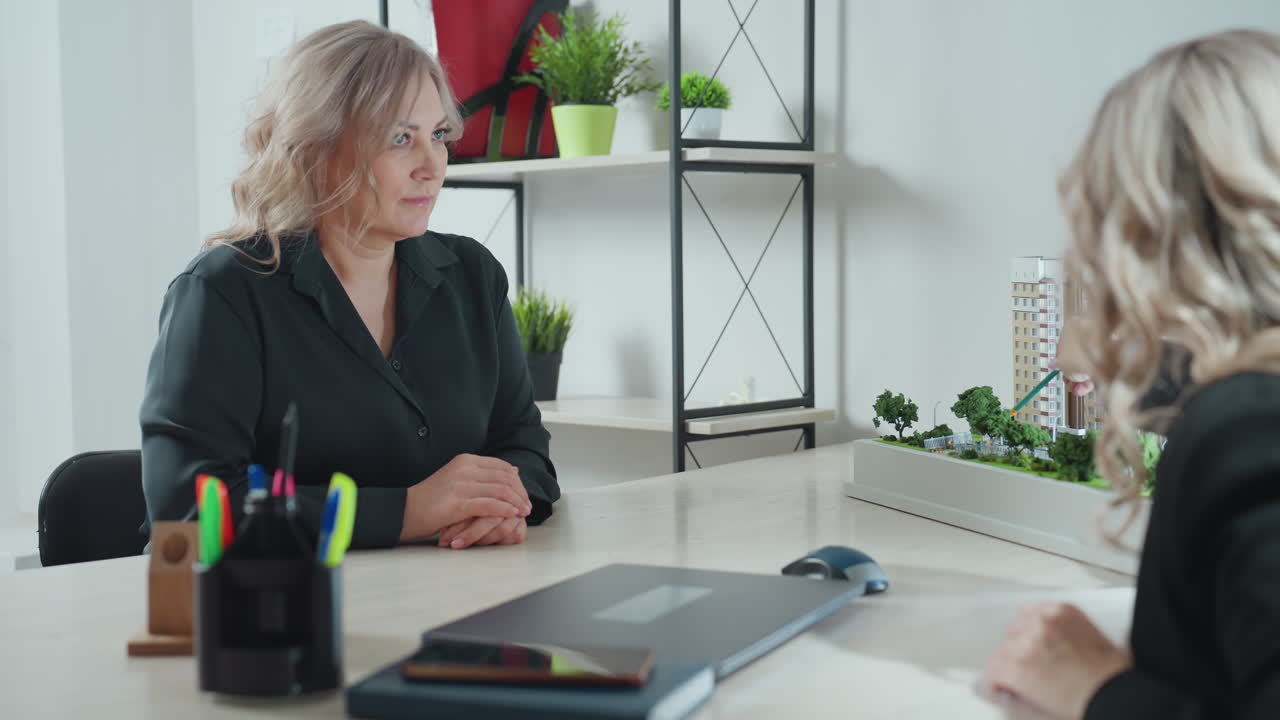 close up rear view of saleswoman conversing with client in front as client nods head background features shelf with decorative plant files folder with phone on table modern office environment