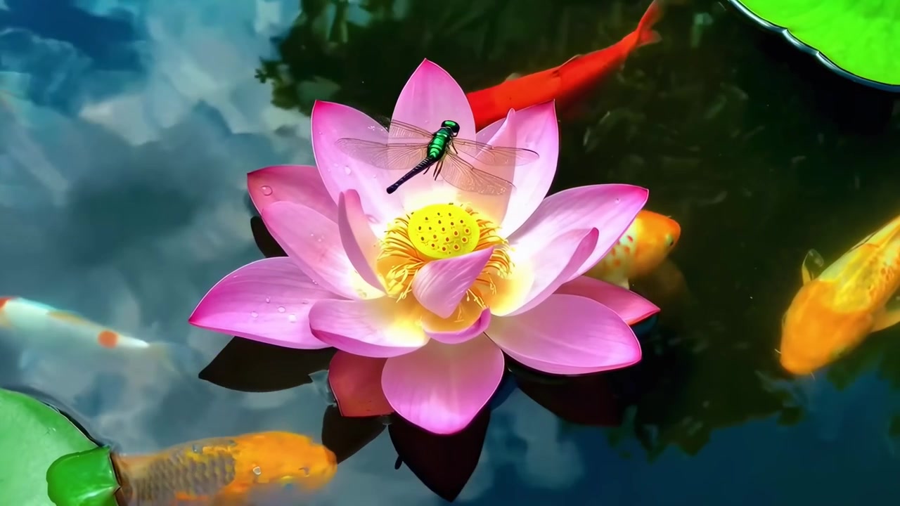Libélula Pousando em uma Flor de Lótus Rosa em um Lago de Carpas
