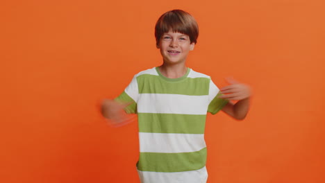 child boy kid spread hands and give hug to you pleasant expression love feelings proud satisfied