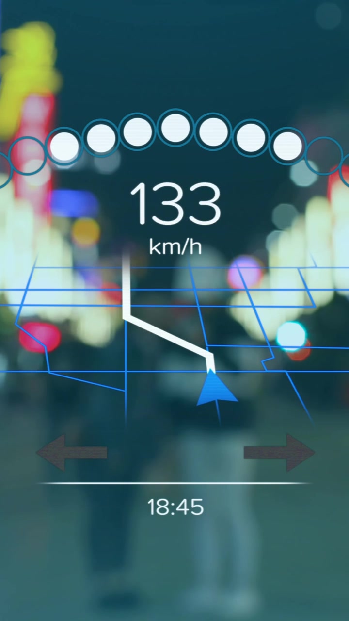 Animation of electric car speedometer data processing over city