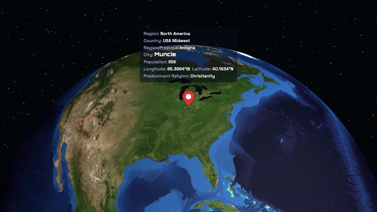 Un globo digitale rotante ingrandisce il Nord America, evidenziando Muncie, Indiana con dati di localizzazione