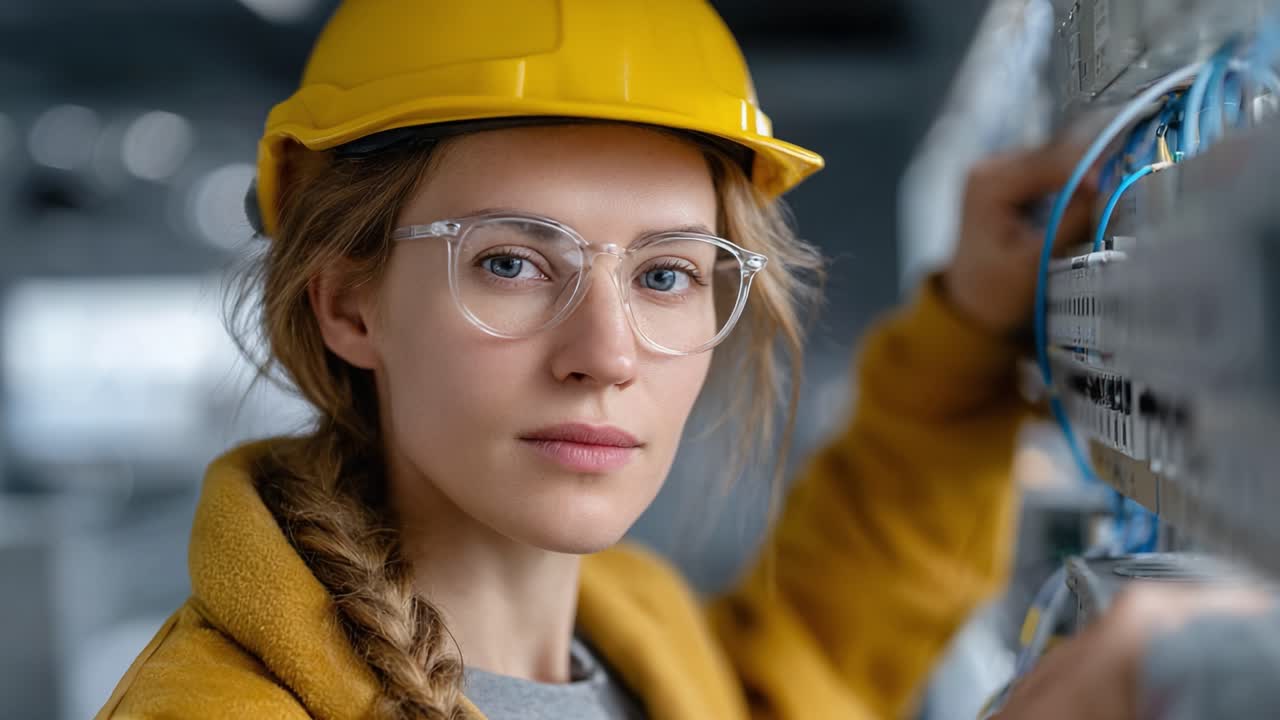 Focused and Determined Female Technician in Protective Gear, Engaged in Complex Electrical Work, Showcasing Professionalism and Expertise in a Modern Workspace