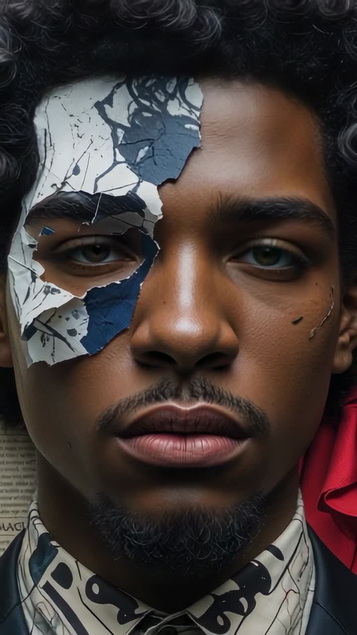 Vertical video: Shifting lighting revealing clippings behind man wearing mask and jacket in studio