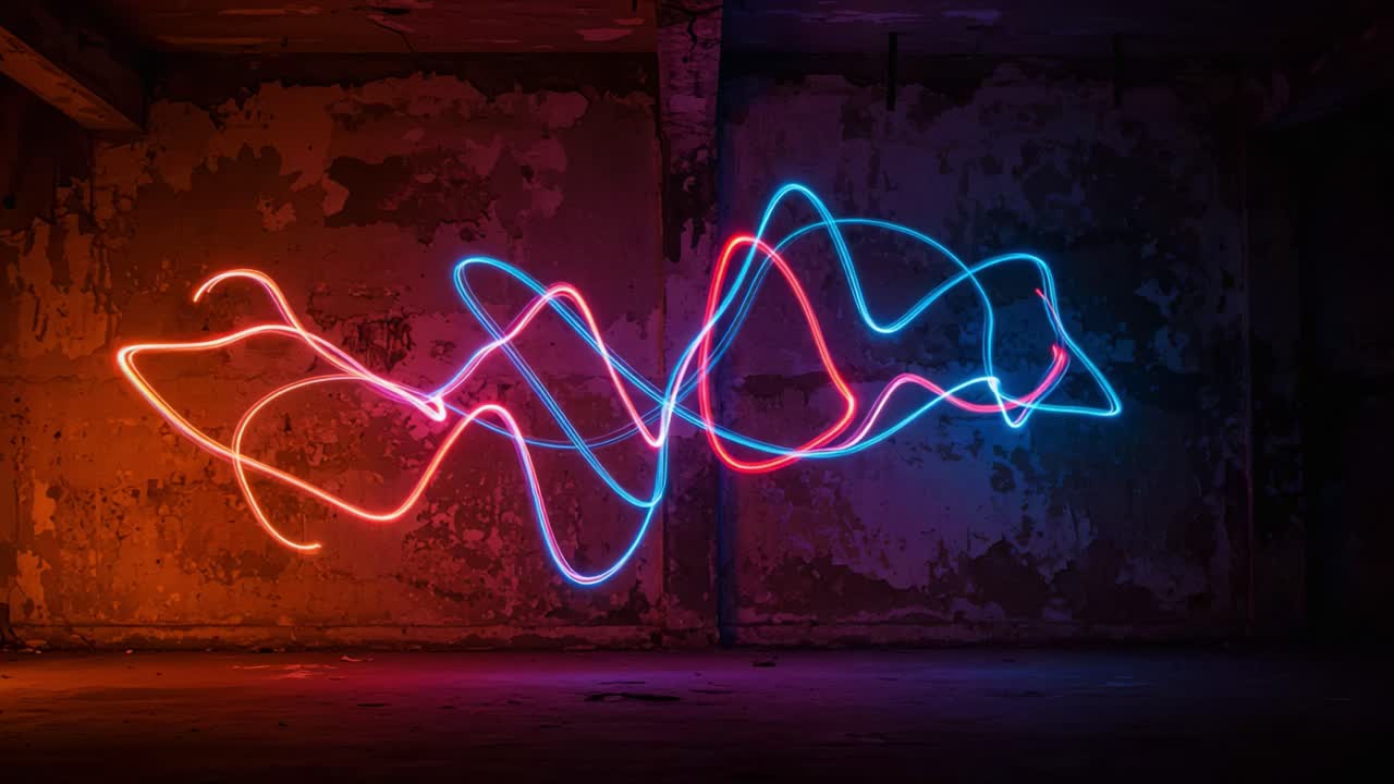 Dynamic Light Trails in an Abandoned Space: A Mesmerizing Display of Colorful Intertwined Neon Lines Against a Textured Wall Backdrop