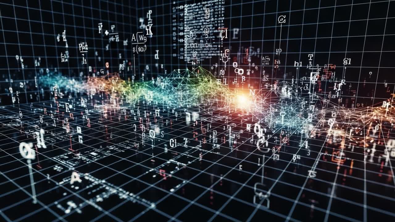 Dynamic Visualization of Data Flow and Information Patterns in a Digital Grid Environment with Glowing Elements and Abstract Typography Representations