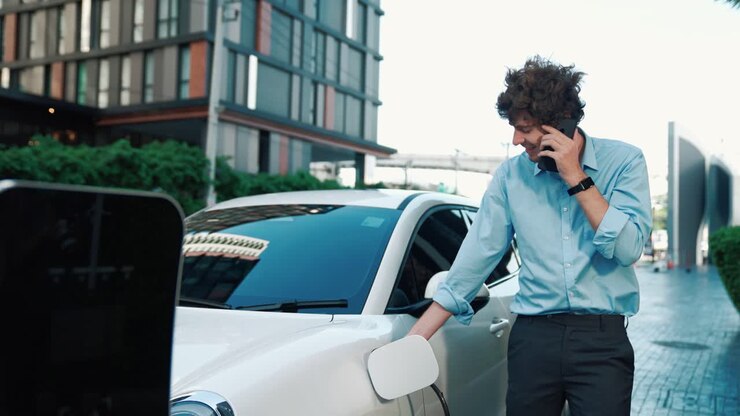 進歩的な野心を持つ スーツを着たビジネスマンが 電気自動車に寄りかかっています