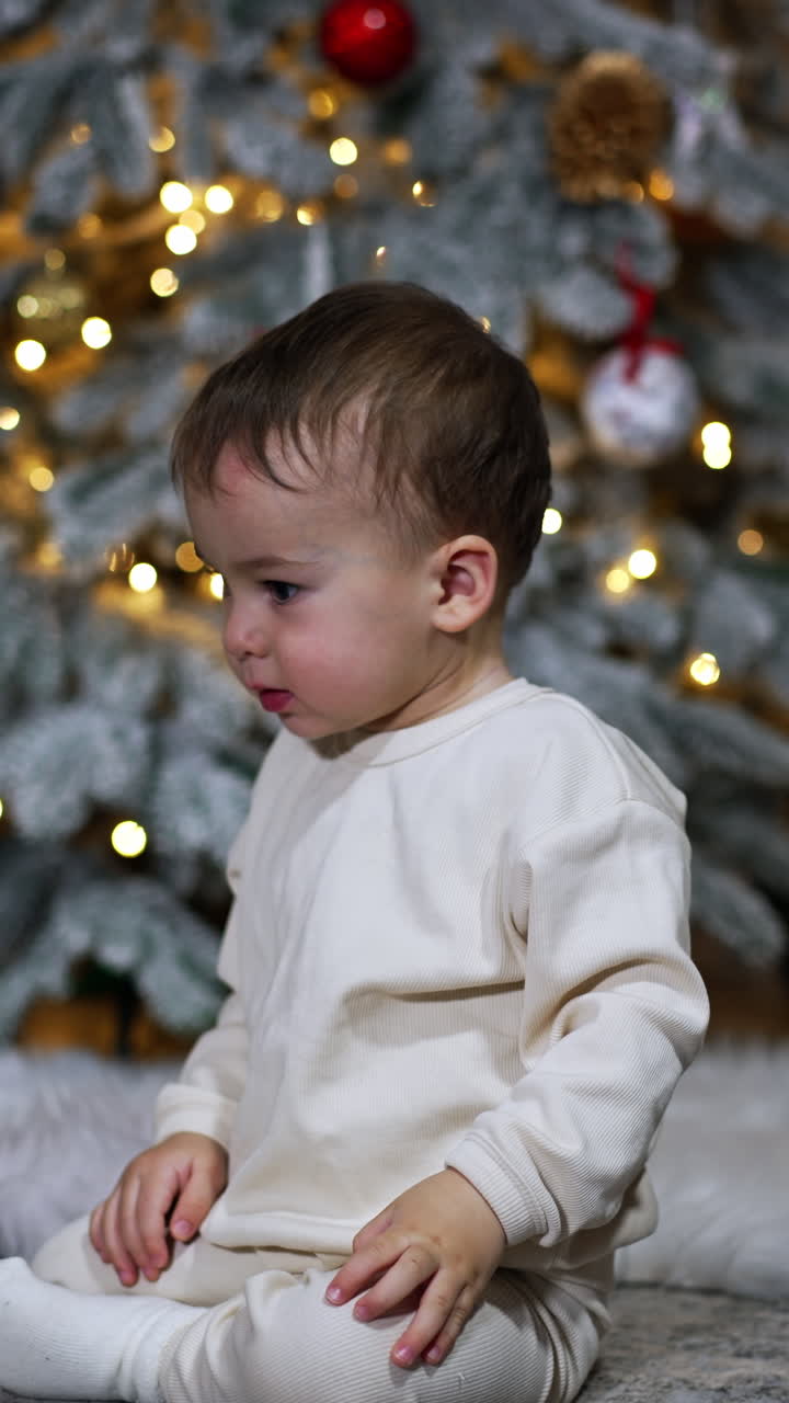 Little lovely boy in white clothes sits on the floor. Baby throws the red ball in front of him. Christmas tree at backdrop. Vertical video