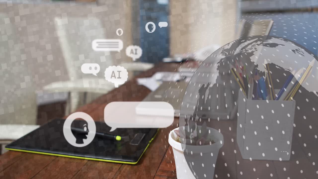 animación de ai chat y globo sobre portátil y tableta en la oficina