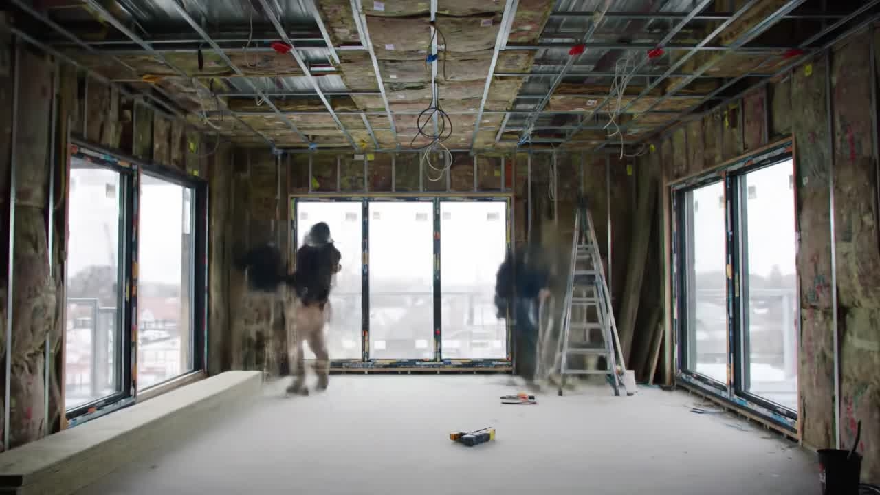 Workers are busy renovating a spacious interior, focusing on wall construction and electrical wiring. The area is filled with tools and materials, indicating active construction.
