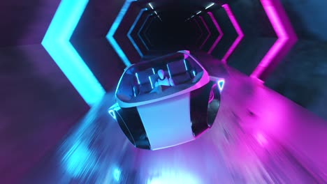 volando un robot detrás del volante de un coche futurista en un largo túnel con iluminación ultravioleta de neón. inteligencia artificial y concepto futuro. renderizado 3d de bucle sin costuras.