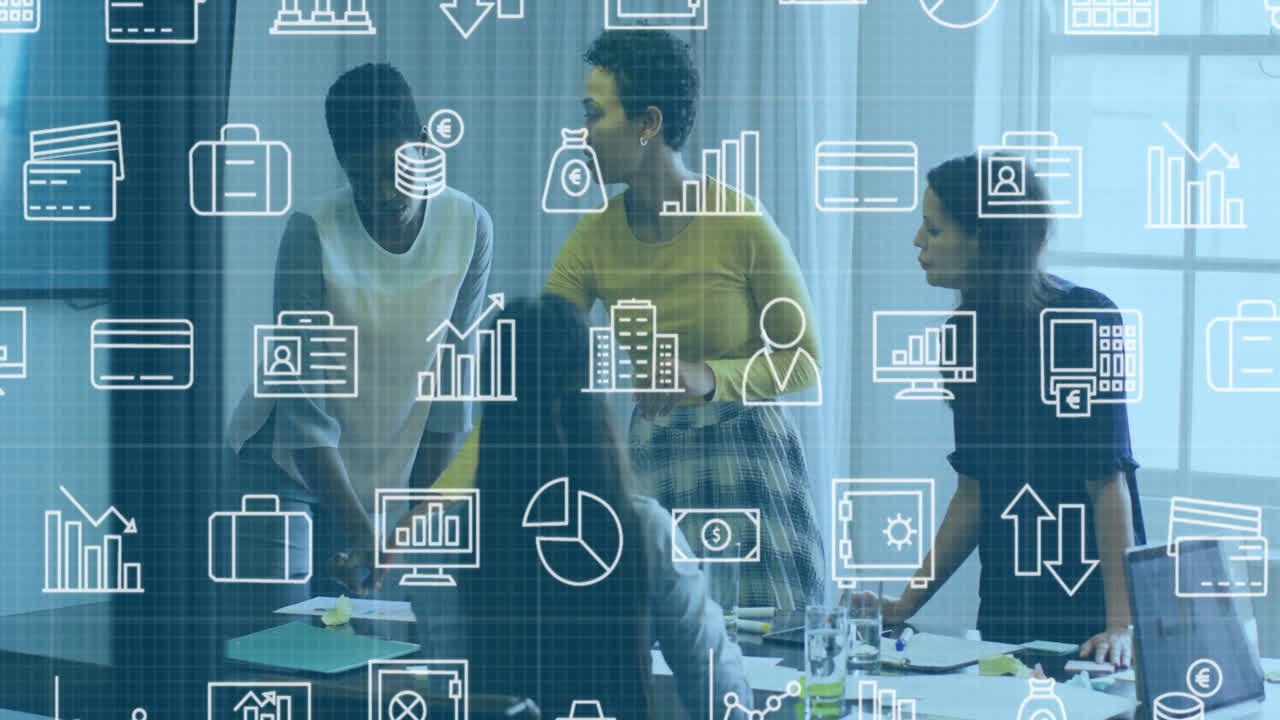 Four women collaborating at conference table while displaying animated charts and currency symbols