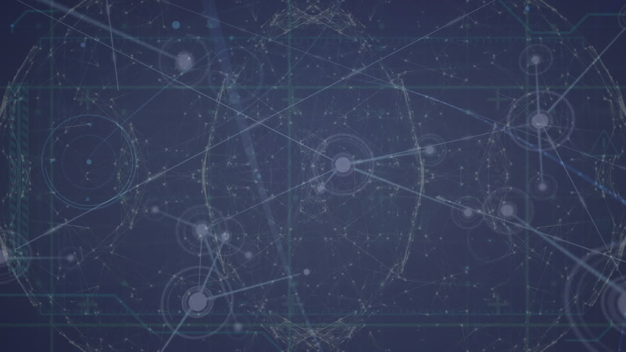 Animation of network of connections over spinning globe and light spot against blue background