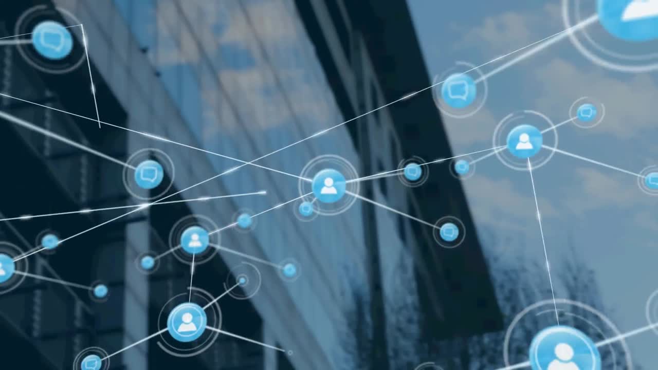 Network of profile icons against tall buildings in background