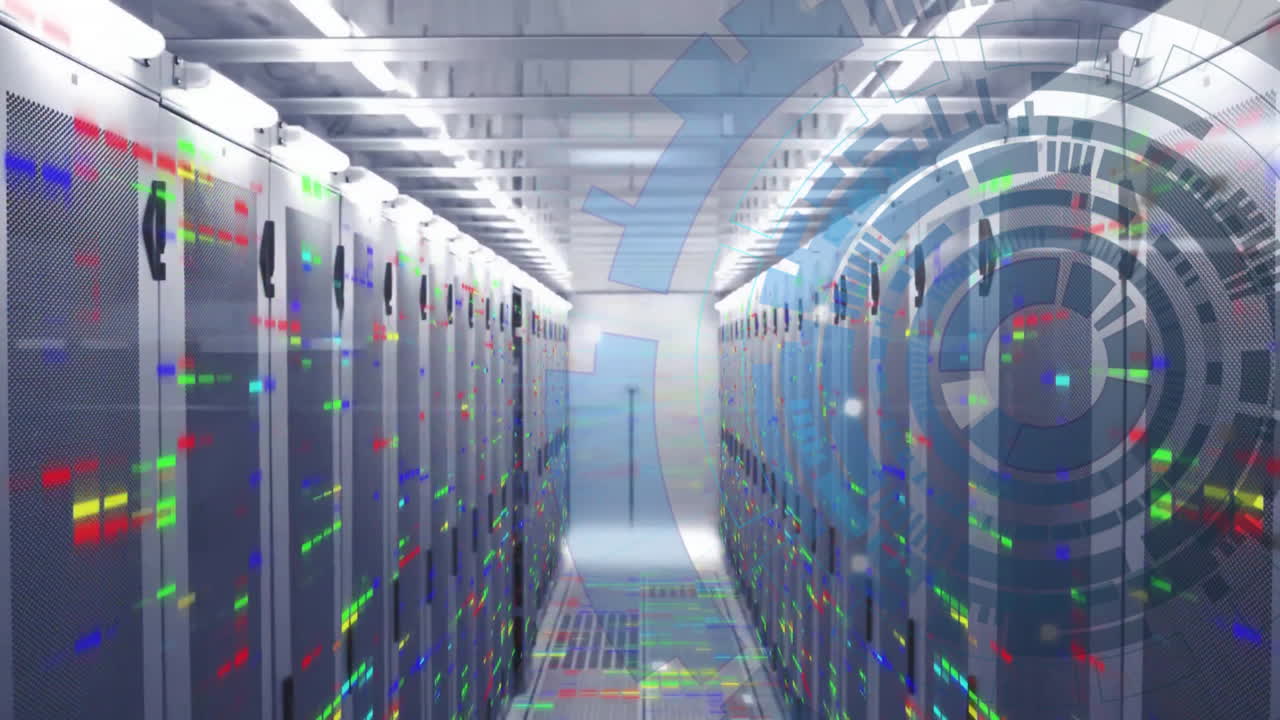 animación del procesamiento de datos y el escaneo del alcance a través de servidores informáticos