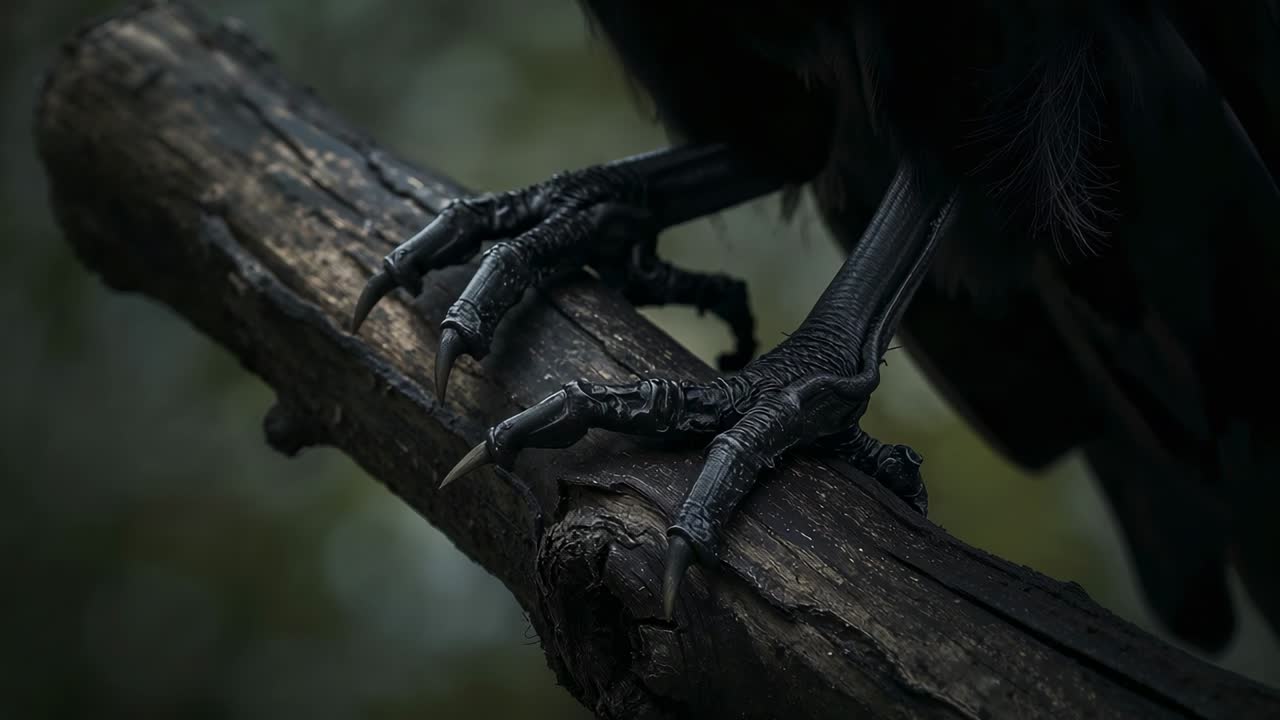 Weight shifting causing black bird talons adjusting grip maintaining balance on branch in forest