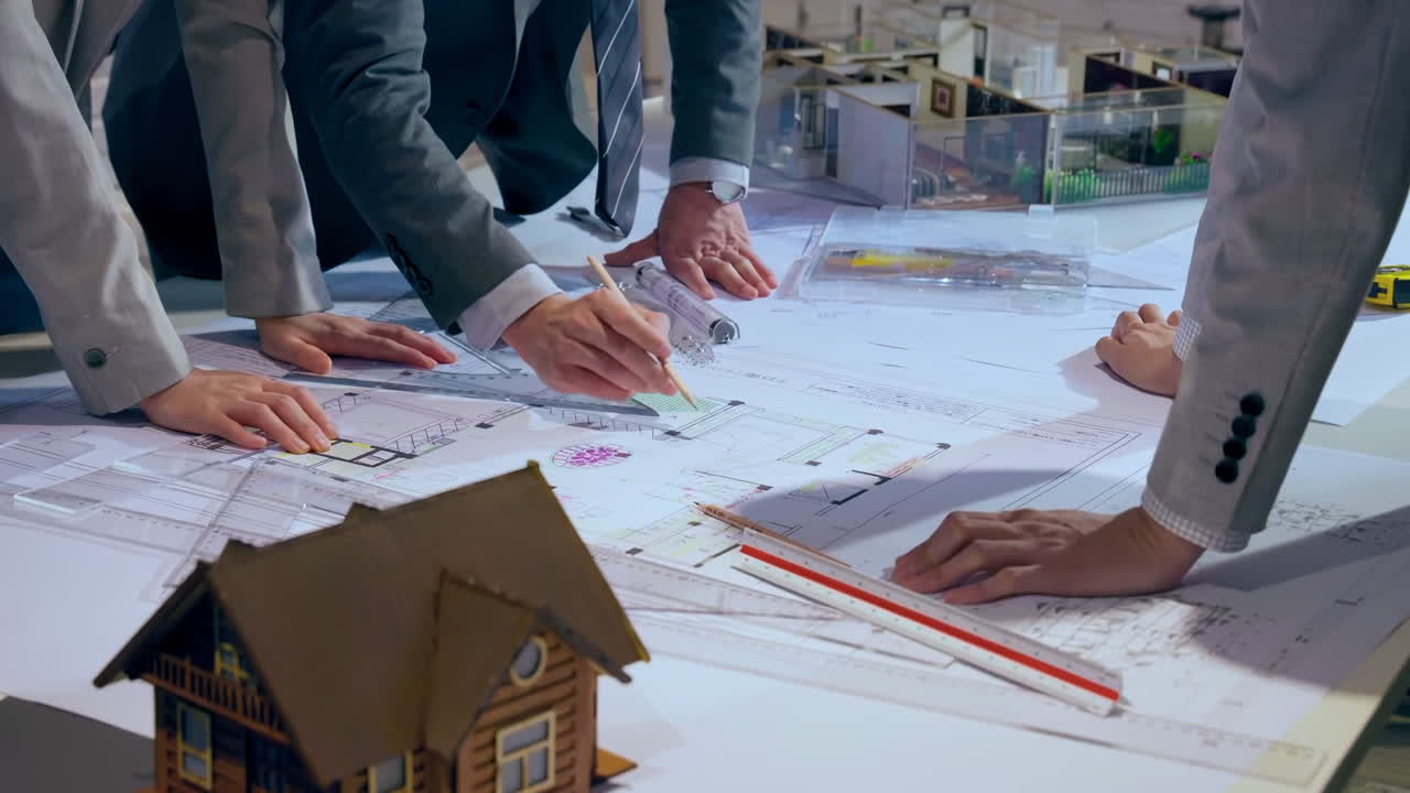 Top down view of architects reviewing blueprints and brainstorming idea about house project in modern office