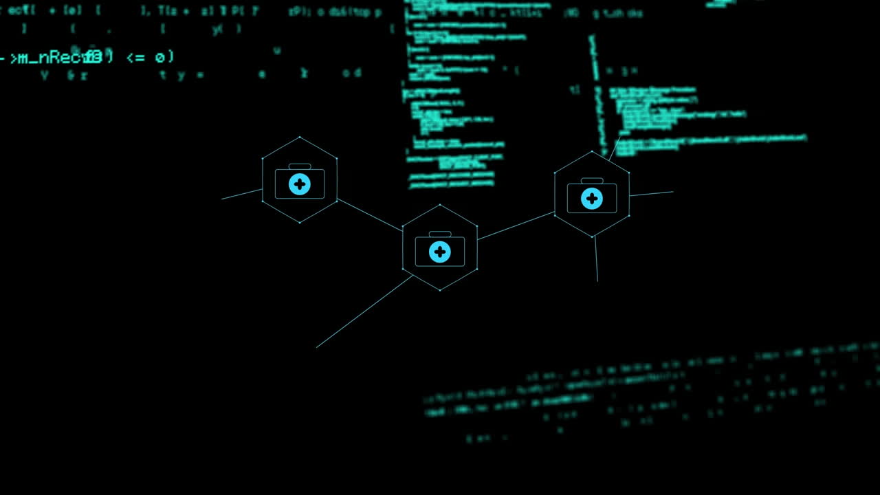 animación de iconos médicos y procesamiento de datos sobre fondo negro