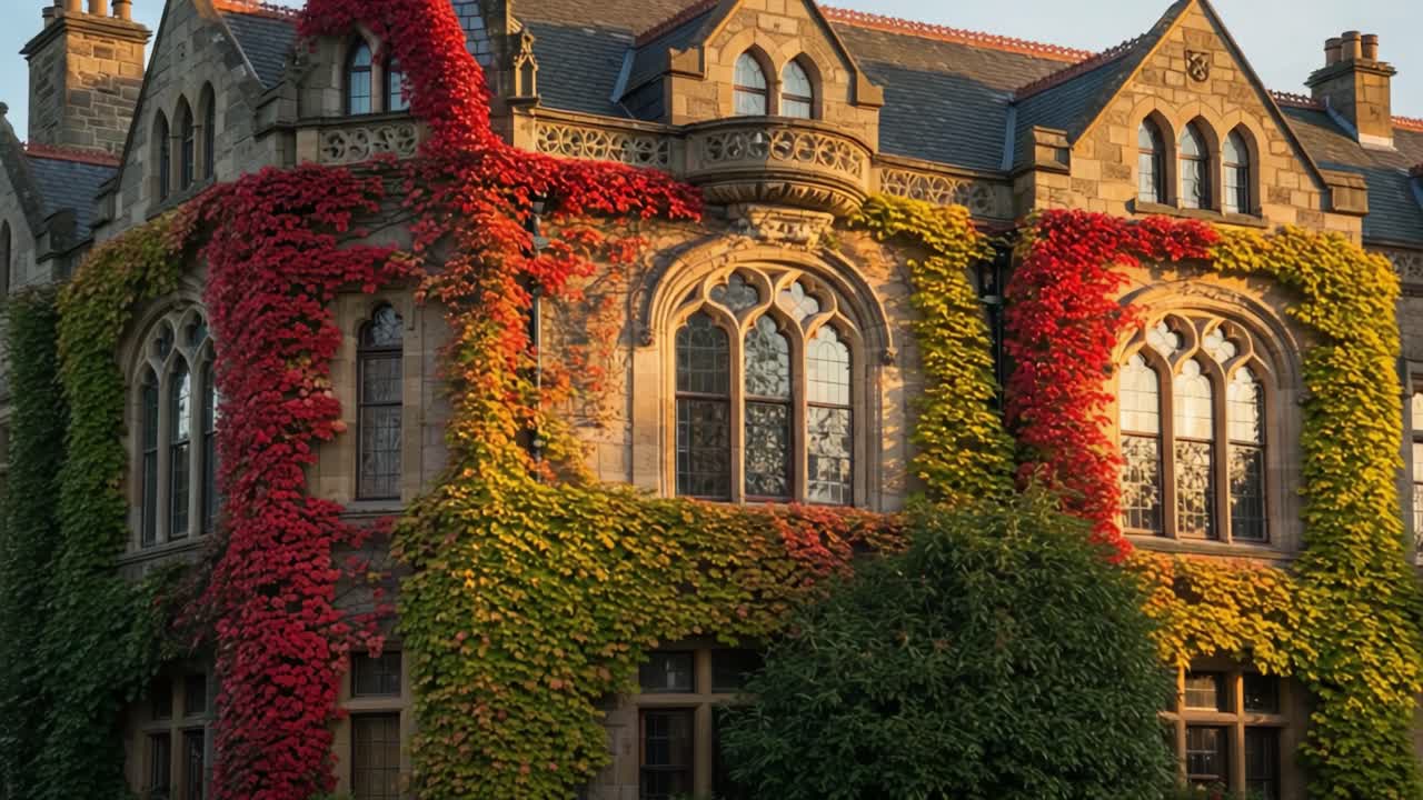 A Stunning Facade of Ivy-Covered Architecture Showcasing the Beauty of Nature Embracing Historical Stone Buildings in Autumn Light