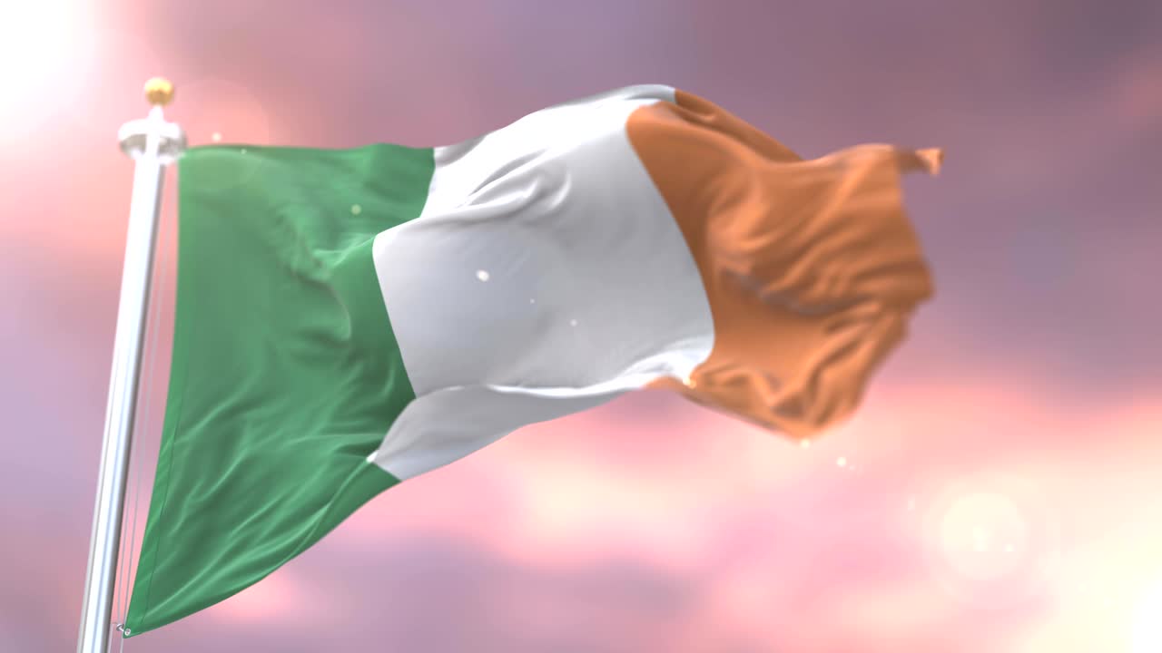 флаг ирландии, размахивающий ветром, медленно на закате, петля