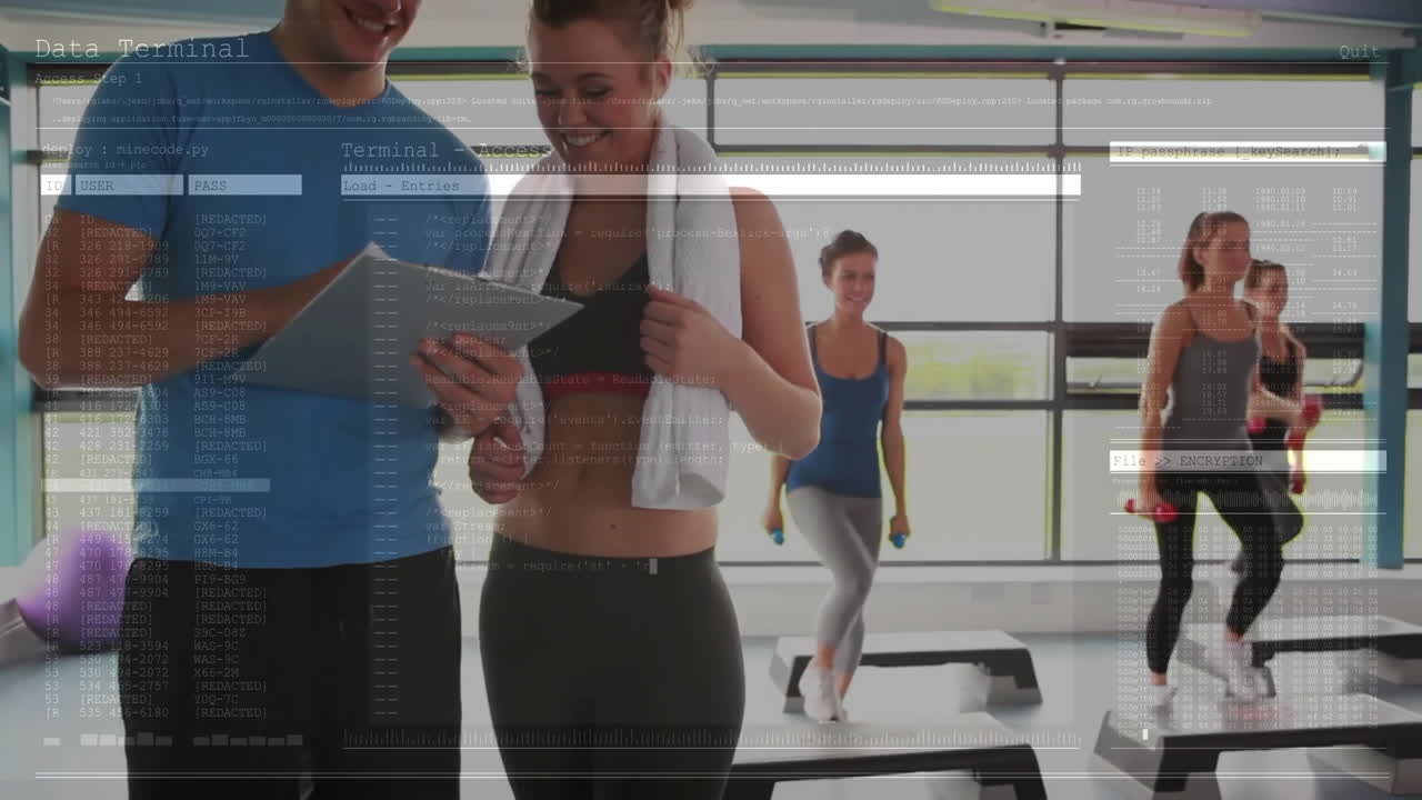 Group using smartphones while stepping on platforms in fitness gym, showing scrolling code overlay