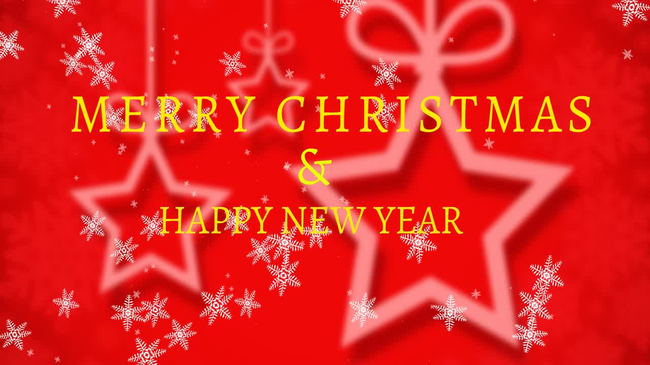 별과 눈이 떨어지는 메리 크리스마스 텍스트의 애니메이션