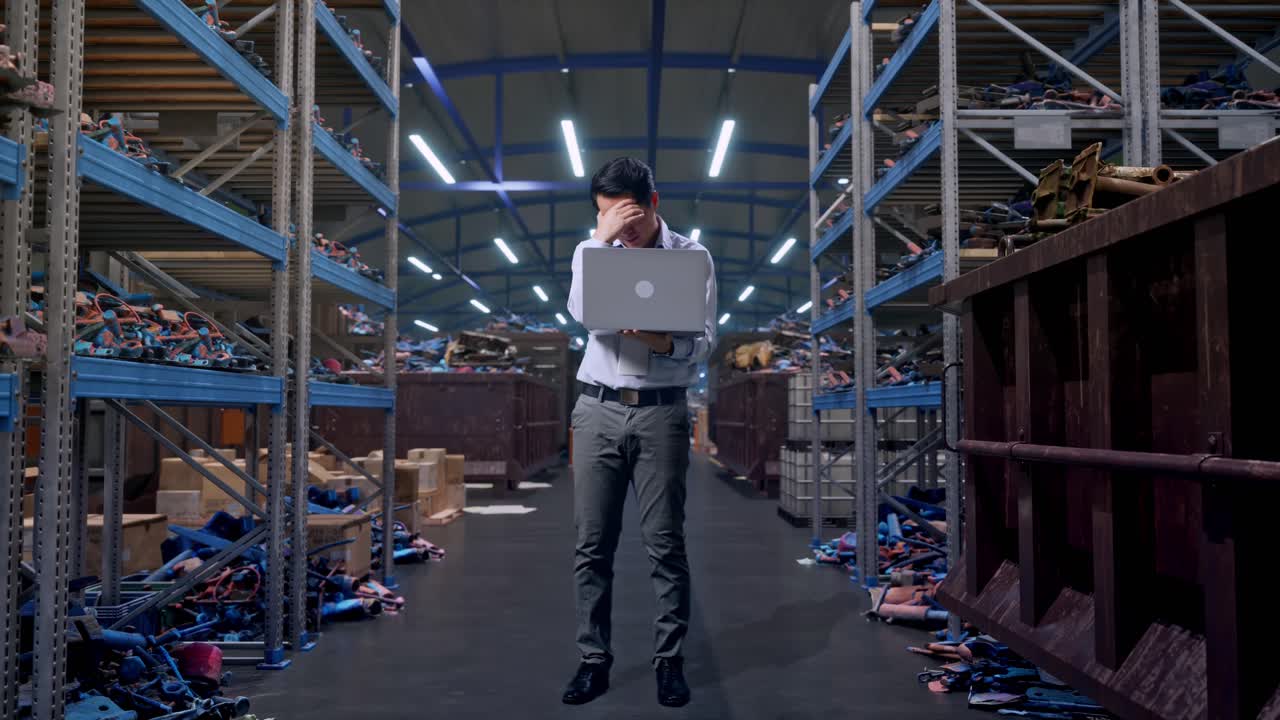 Figura intera di un lavoratore professionista asiatico in piedi con il suo laptop, all'interno di un magazzino industriale di rottami metallici e riciclaggio. Scuote la testa con delusione.