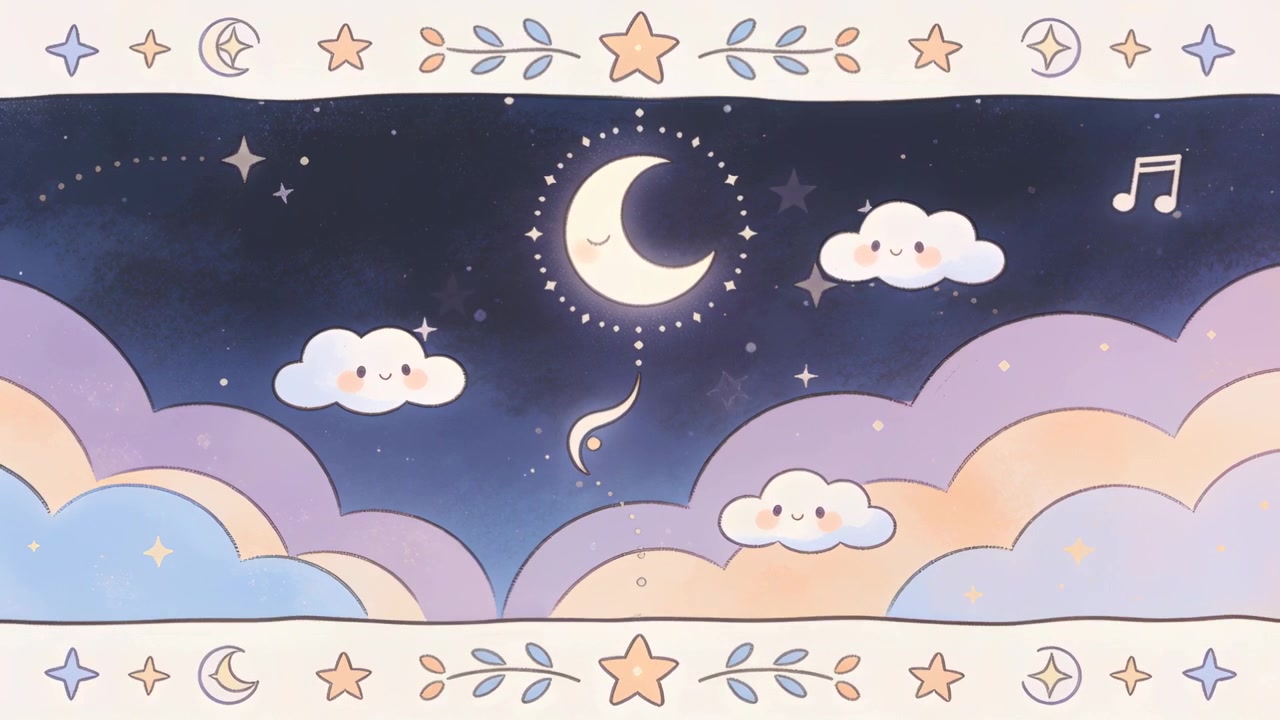Animating centered crescent moon with dotted halo at nursery, sending spark and beads for bedtime