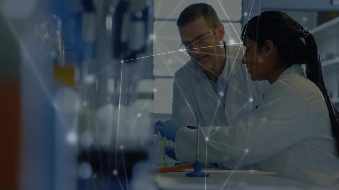Vertical video: Mentor guiding operator pipetting tubes for test as network overlay linking lab