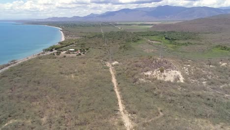 Aerial-panoramic-view-of-Viyeya-Beach-in-Ocoa-Bay,-Azua-Dominican-Republic