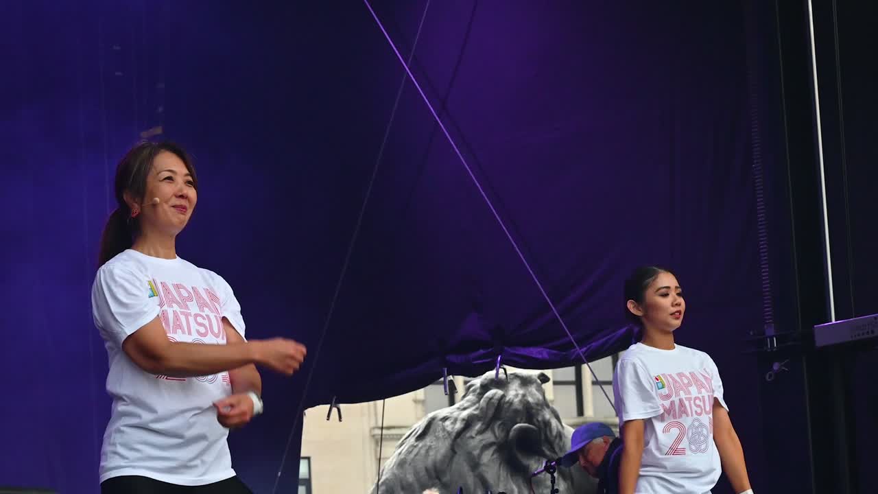 Exercise on stage within Trafalgar Square for the Japan Matsuri, London, United Kingdom